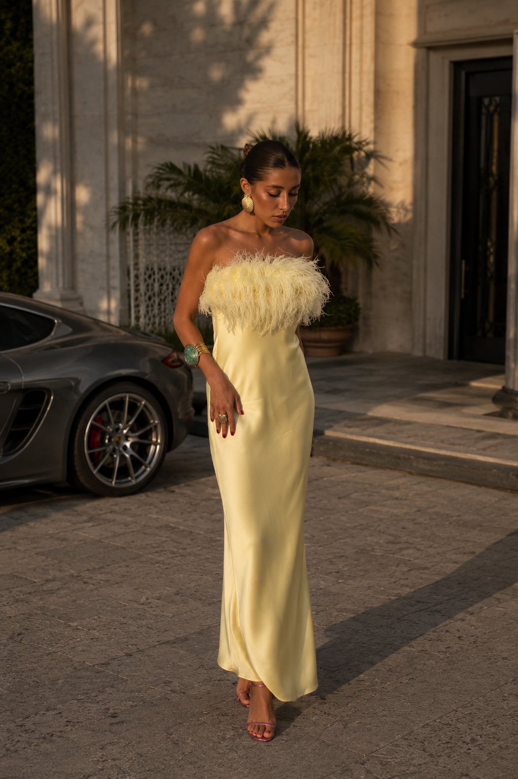 LISSE Feather Satin Maxi Dress