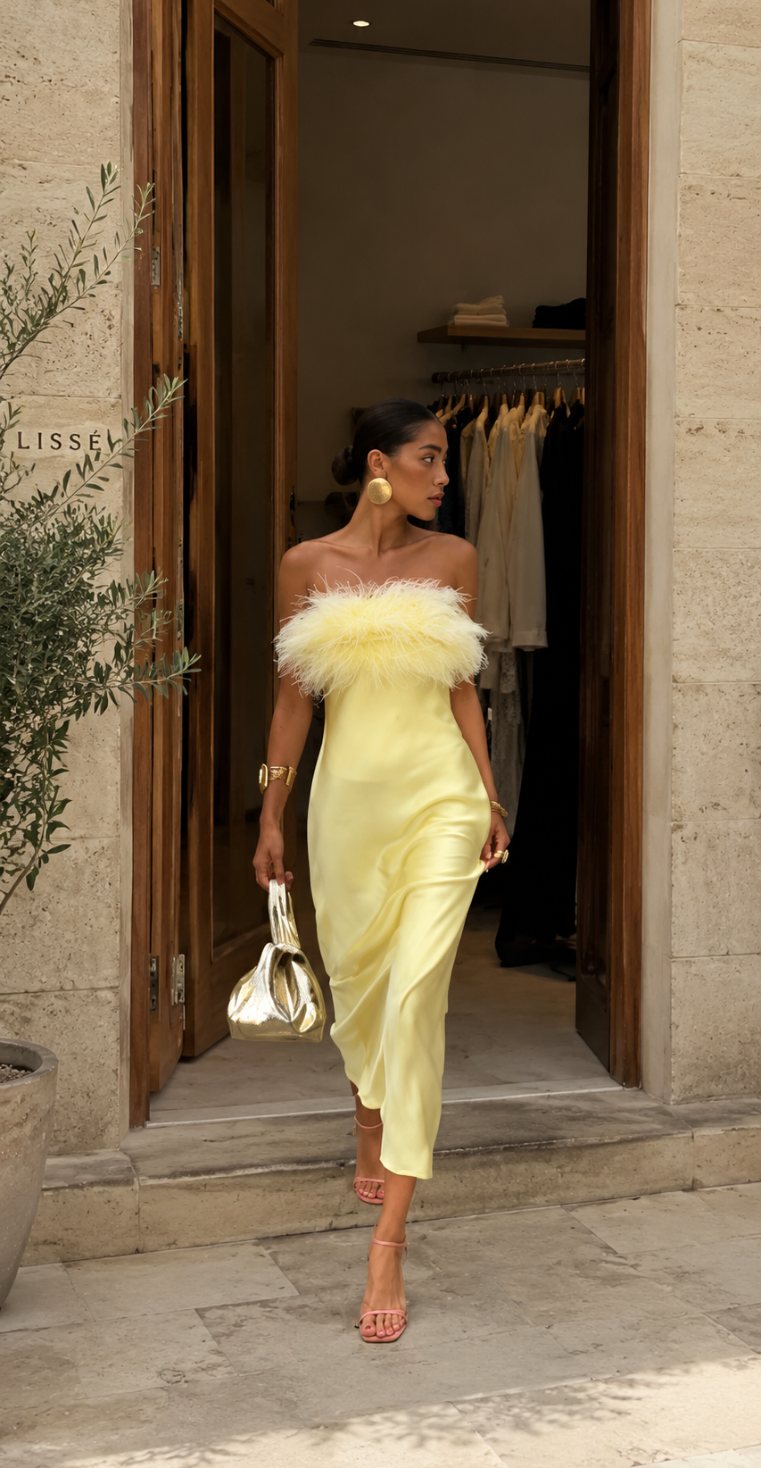 LISSE Feather Satin Maxi Dress